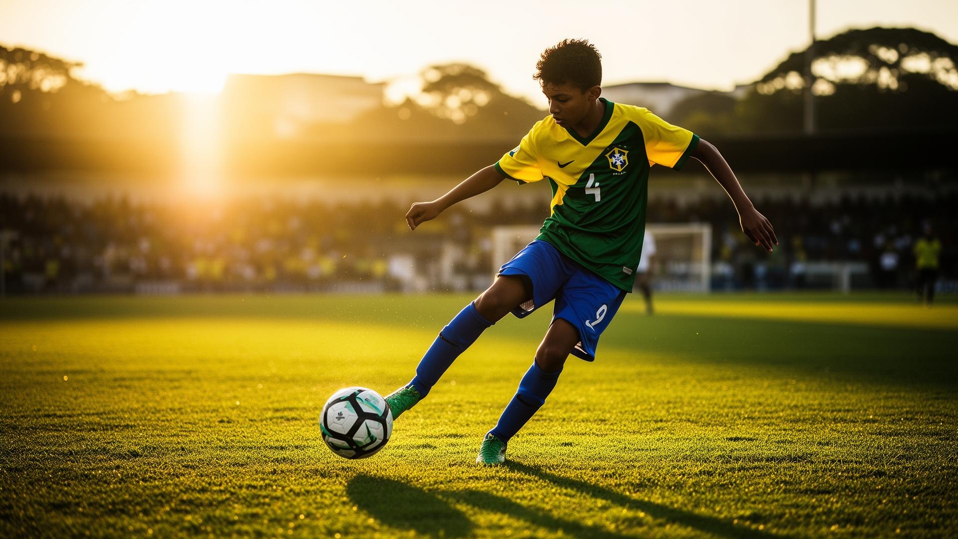 Jovem atleta brasileiro chutando a bola ao pôr do sol